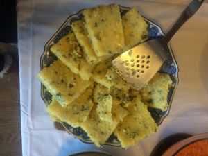 Polenta pan fired with herbs. Vegan and gluten-free.  at Kushi Institute in Becket