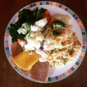 Another lunch of tortillas (corn and wheat), homemade hummus, veggies and sesame seed sauce. All organic and delicious!  at Kushi Institute in Becket