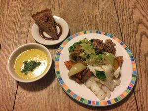 Friday night dinner with soup and dessert! Organic and vegan (fish available on Fridays). at Kushi Institute in Becket