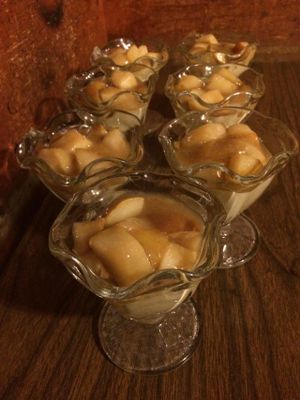 Almond butter or pumpkin seed custard with pear compote!  at Kushi Institute in Becket