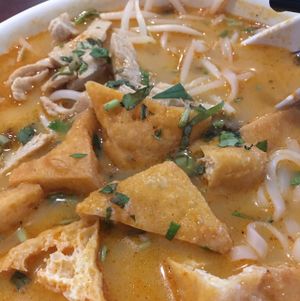 Laksa- rice noodles in spicy coconut broth. at Teapot Vegetarian House in Redmond