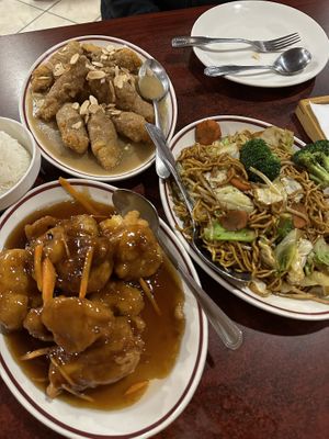 Almond fried fritters, chow mein, and crispy fried tofu  at Teapot Vegetarian House in Redmond