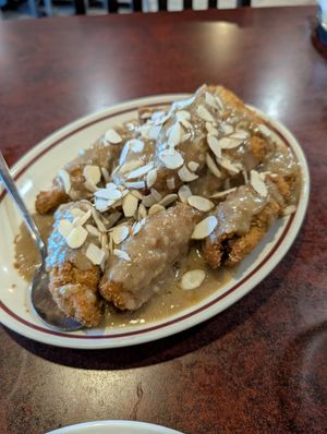 Almond fried fritters (more like chicken than the almond tofu) at Teapot Vegetarian House in Redmond