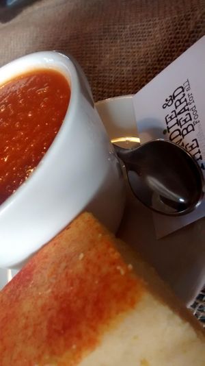 Roasted red pepper soup with cornbread (Vegan)  at Roots Cafe - Pop-up in Lampeter