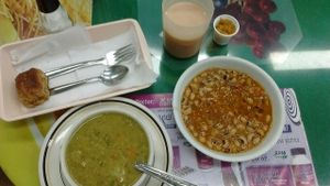 First course, soup and beans April 2017 at Cocina Vegetariana in Bogota