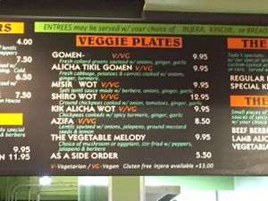 well-labeled menu; nearly half is vegan at Tadu Ethiopian Kitchen in San Francisco