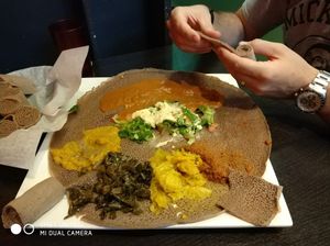 Vegetarian platter and Shiro at Tadu Ethiopian Kitchen in San Francisco