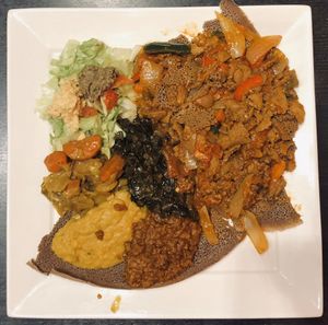 Veggie combo with firfir at Tadu Ethiopian Kitchen in San Francisco