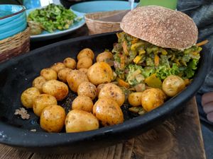 Vegan burger with papa criolla at Nativa in Bogota