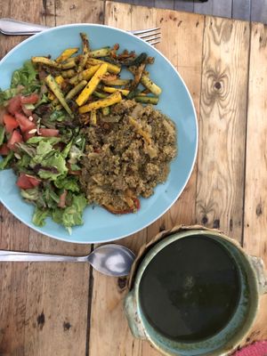 Fixed menu option of the day. Comes with juice. Until a certain hour in afternoon. Believe it changes daily but similar idea (soup, greens, quinoa mix, etc).   at Nativa in Bogota