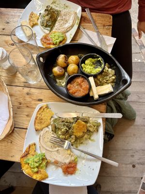 Sharing a dish and two arepas   at Nativa in Bogota