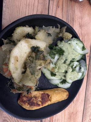 Plantain, pumpkin(?) and cucumbers. Part of the daily menu  at Nativa in Bogota