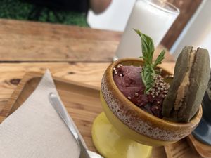 Blackbeery ice-cream and peanut cookie  at Nativa in Bogota