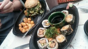 special of the day (vegan sushi)  and a burger  at Nativa in Bogota