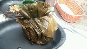 vegan tamale - HUGE. filled with chickpeas, bell peppers, corn mash. yum  at Nativa in Bogota