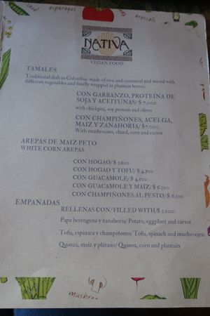 Menu at Nativa in Bogota