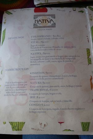 Menu at Nativa in Bogota
