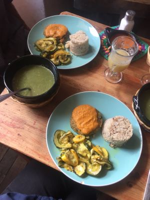 Set lunch menu of spinach soup, quinoa pattie and veggies! at Nativa in Bogota