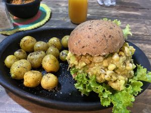 Natura Vegan Burger with Potatoes at Nativa in Bogota