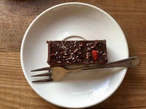 Raw chocolate cake at Ravens Coffee in Denmark