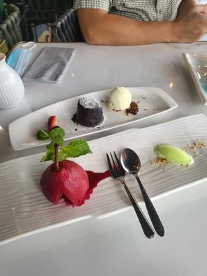 Molten lava cake (vegetarian), red wine poached pear and lime basil (vegan) - so good! at Joie Restaurant in Central Singapore