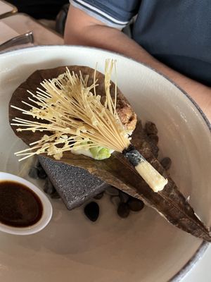 Monkey head mushroom with deep fried spaghetti   at Joie Restaurant in Central Singapore