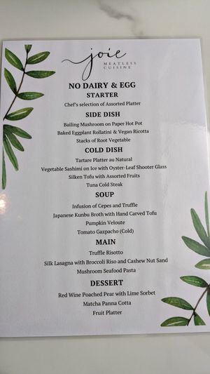 Vegan Menu at Joie Restaurant in Central Singapore