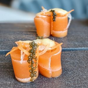 Chef's Selection of Assorted Platter: Salmon sashimi with sea grapes at Joie Restaurant in Central Singapore
