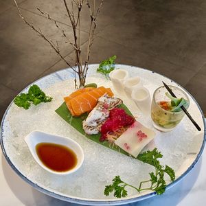 Vegetable Sashimi on Ice with Oyster-Leaf Shooter Glass at Joie Restaurant in Central Singapore