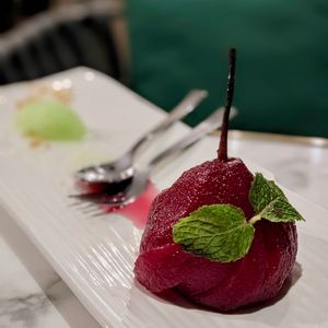 Red Wine Poached Pear with Lime Sorbet at Joie Restaurant in Central Singapore