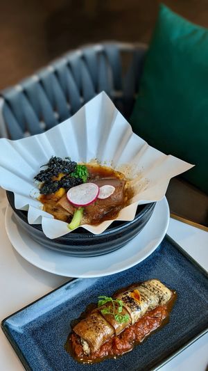 Side Dishes: Bailing Mushroom on Paper Hot Pot, Baked Eggplant Rollatini & Vegan Ricotta at Joie Restaurant in Central Singapore