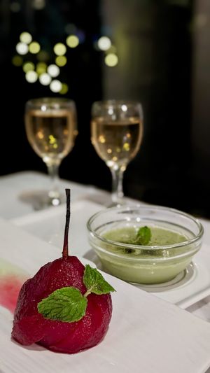 Desserts: Red Wine Poached Pear with Lime Sorbet, Matcha Panna Cotta at Joie Restaurant in Central Singapore