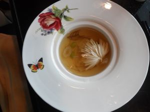 Japanese Kunbu Broth with hand carved Tofu at Joie Restaurant in Central Singapore