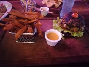 Vegan burger (has a mushroom as bun instead of bread. Me not like) at Lola Valentina in Isla Mujeres