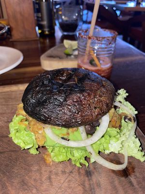 Vegan mushroom bun burger   at Lola Valentina in Isla Mujeres