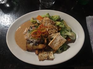 rice, beans, plantains, tofu & vegetables with peanut sauce at Lola Valentina in Isla Mujeres