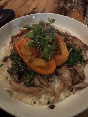 Ratatouille stuffed pepper on risotto. Good enough but would’ve been better with more ratatouille   #Veganuary at Stonesedge in Whistler