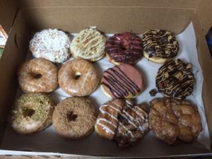 A dozen delicious vegan donuts. Beechwood is the vegan equivalent of Krispy Kreme.  at Beechwood Doughnuts in St Catharines