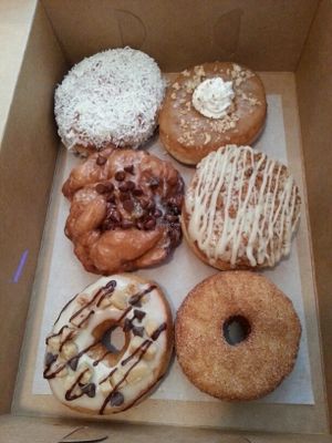 Coconut cream, pumpkin pie, banana chocolate chip fritter, banana cream, cookie dough, and cronut!
 at Beechwood Doughnuts in St Catharines