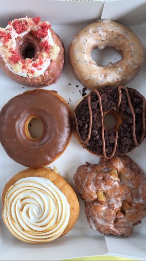 Strawberry shortcake (top left) lemon poppyseed (Top right) chocolate glaze (middle left) chocolate brownie (middle right) lemon meringue (bottom left) apple fritter (bottom right  at Beechwood Doughnuts in St Catharines