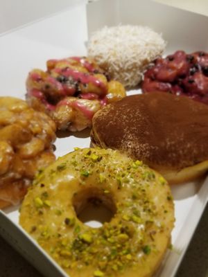 Coconut Cream, Tiramisu, Pistachio, and three different fritters. at Beechwood Doughnuts in St Catharines