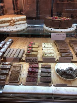 Cakes in the cabinet at The Raw Kitchen in Auckland