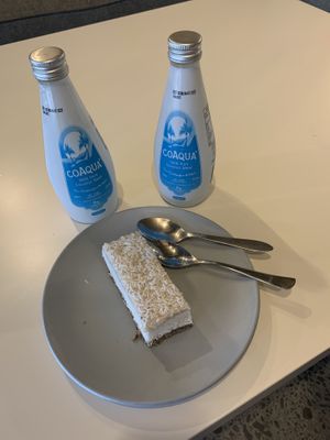 Lemon pie and 🥥 water at The Raw Kitchen in Auckland