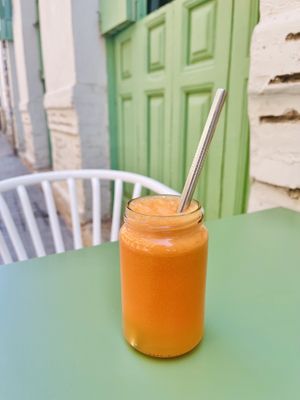 Vegetable juice with carrot, lemon and ginger 😋  at Astrid in Malaga