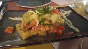 Chickpeas bread with tomato and avocadoa at Astrid in Malaga