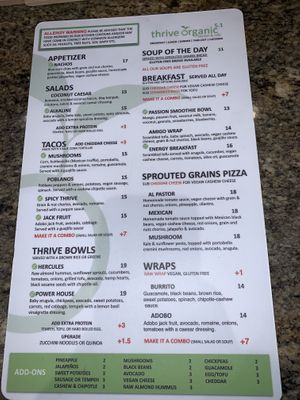 Menu at Thrive Organic Kitchen in Toronto