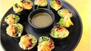 Raw vegetable wraps - grated veg wrapped in nori paper.  at The Yoga Retreat in Koh Phangan