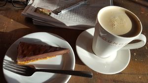 Vegan chocolate and ginger torte and soya latte at Visto Lounge in Torquay