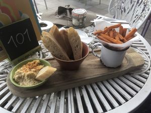 Hummus, ciabatta and sweet potato fries.  at Visto Lounge in Torquay