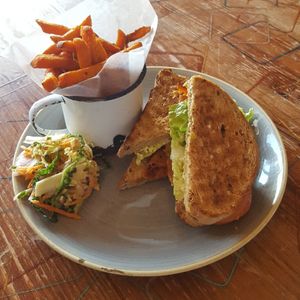 Vegan BLT with slaw and sweet potato fries at Visto Lounge in Torquay